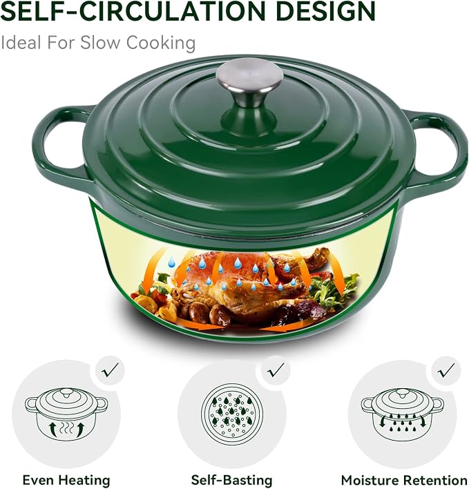 Miereirl 6 Quart Enameled Dutch Oven Pot with Lid, Cast Iron Dutch Oven with Dual Handles for Bread Baking, Cooking, Non-stick Enamel Coated Cookware (Green)