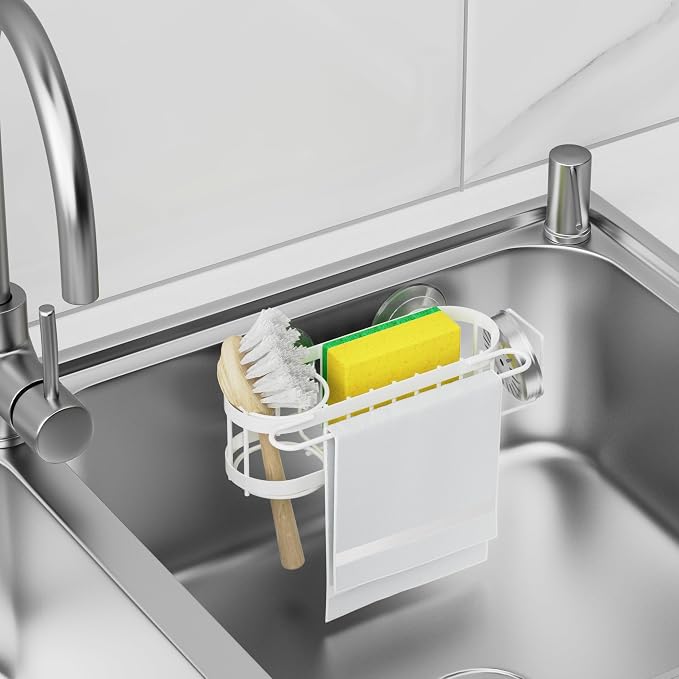 Cisily Kitchen Sink Caddy Sponge Holder in The Sink, Stainless Steel Kitchen Sink Organizer, Brush Holder, Dish Cloth Hanger, Sink Stopper Holder (Suction cup-White)