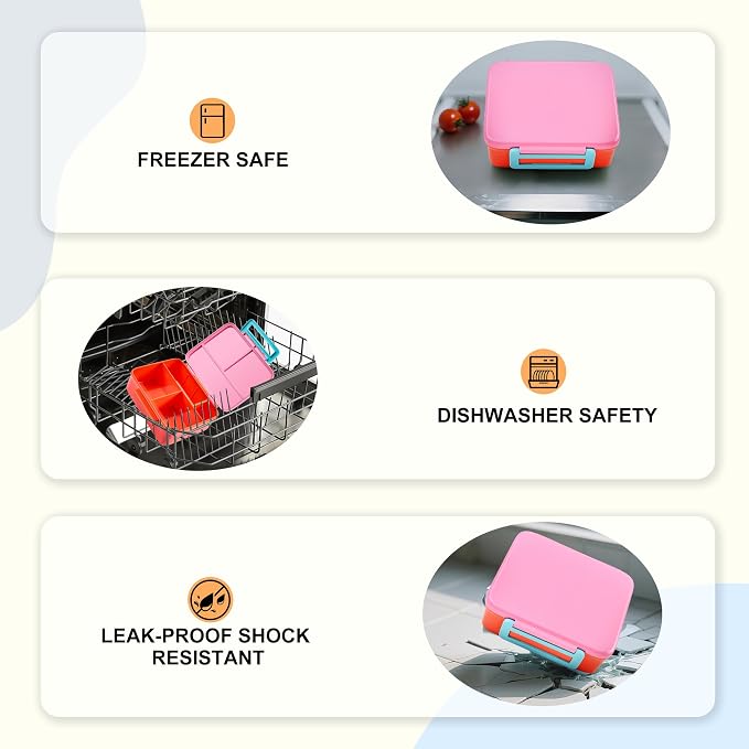Bento Lunch Box for Kids with Thermo, Leakproof Bento Box with 8oz Insulated Food Jar, Lunch Bag, BPA Free Dishwasher Safe 4 Compartment Container for School Girls Boys (Pink)