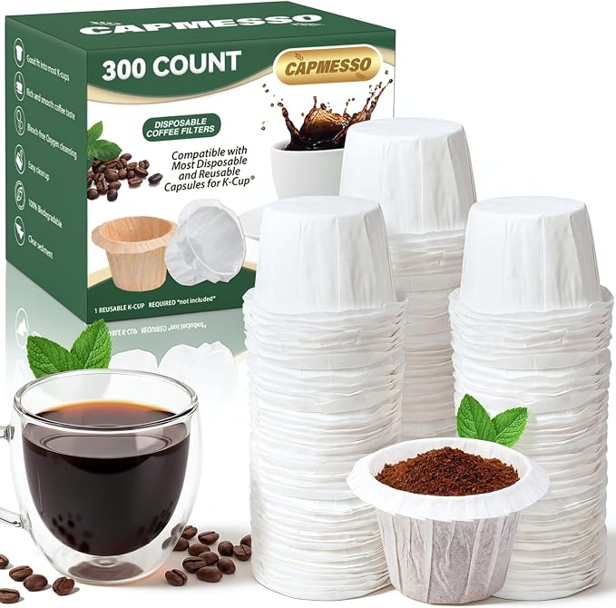 CAPMESSO Disposable Coffee Paper Filters Replacement Kerig Filter Compatible with Reusable Single Serve Pods Keurig Coffee Maker-300 Count (White)