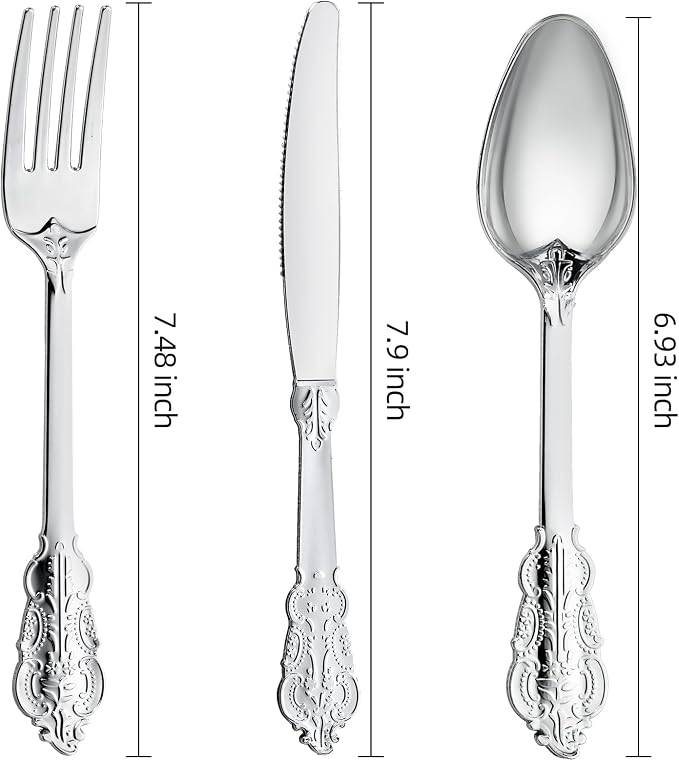 300PCS Silver Plastic Silverware, Vintage Disposable Utensils & Cutlery | 100 Fancy Forks, Spoons, Knives, Heavy Duty, BPA-Free, for Party, Weddings, Birthday & Holiday