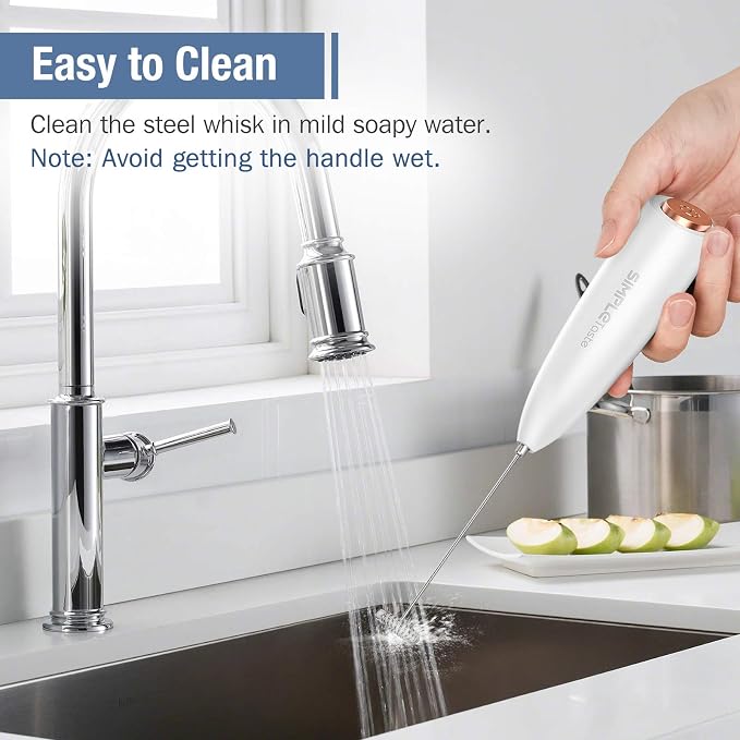 SIMPLETASTE Milk Frother Handheld Electric Foam Maker Battery Operated | Drink Mixer with Stainless Steel Whisk for Cappuccino, Bulletproof Coffee, Latte, White, with Stand