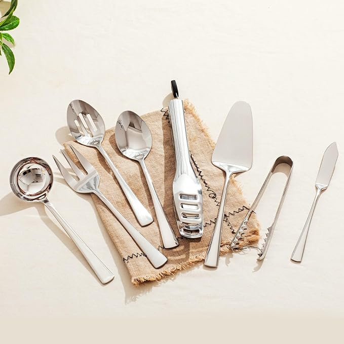 16 Piece 18/10 Serving Utensils Set, Stainless Steel Serving Set | Serving Utensils, Slotted Spoon, Fork, Tong, Soup Ladle, Cake Server, Butter Knife and Ice Tong for Buffet, Parties, Kitchen