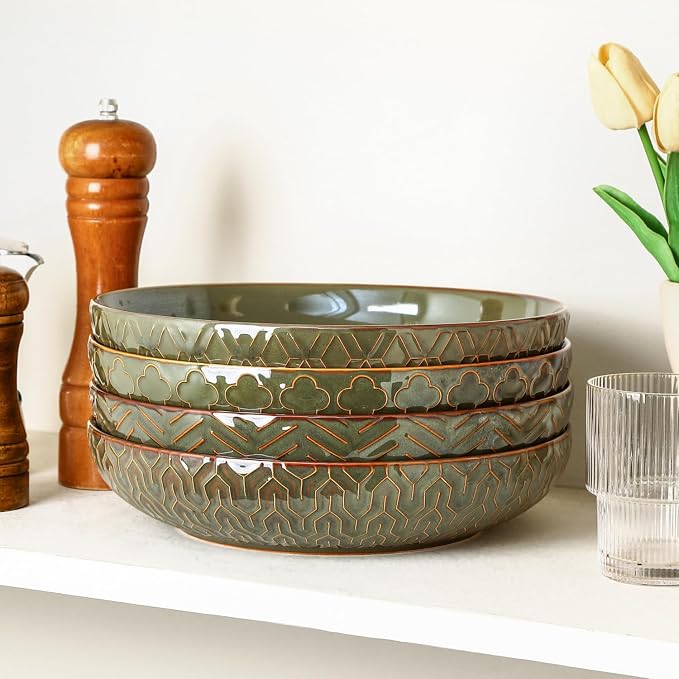 Sureasy Pasta Bowls Set of 4, 30oz Large Ceramic Embossed Bowl Plates, 8.5 Inch Wide and Shallow Plate Bowls, Salad Bowl, Microwave, Oven & Dishwasher Safe, Green