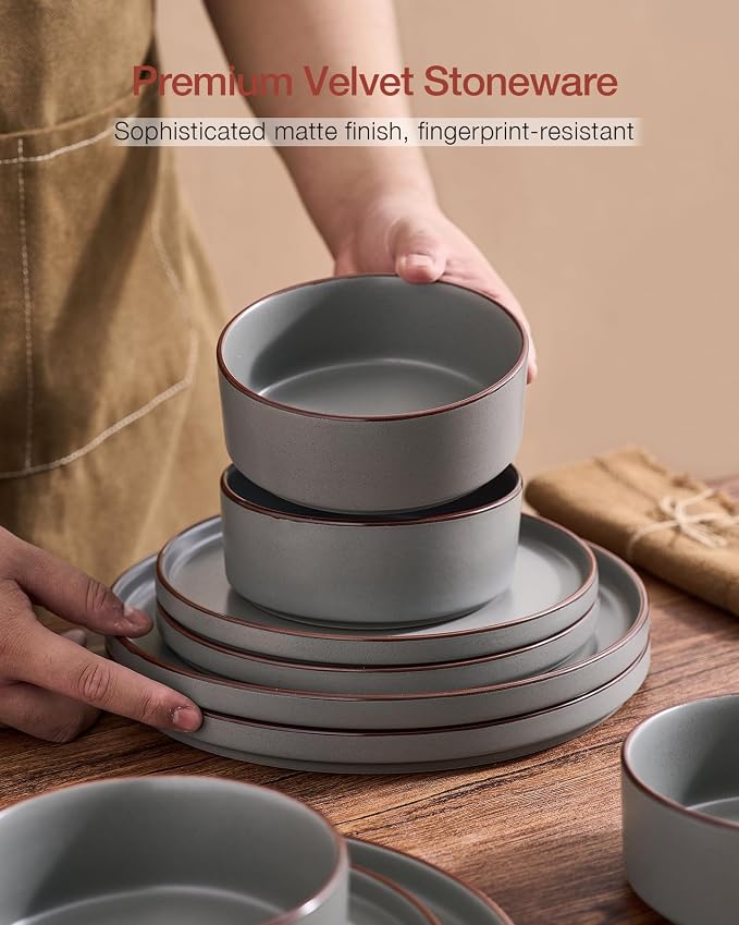 Famiware Nebula Ridge 12-Piece Stoneware Dinnerware Set, Dark Gray | Plates and Bowls for 4, Warm Hand-Painted Rims, Microwave and Dishwasher Safe, Daily Essentials