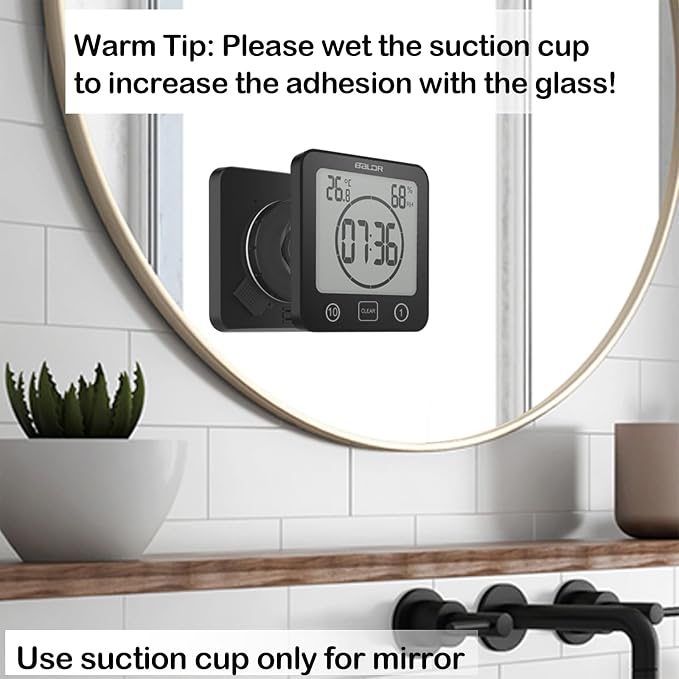 Waterproof Bathroom Wall Clock and Timer, Digital Water Resistant Hanging Timer for Shower, Large Display Kitchen Cooking Countdown Timers, Mirror Suction Clock with Temperature Humidity Meter (Black)