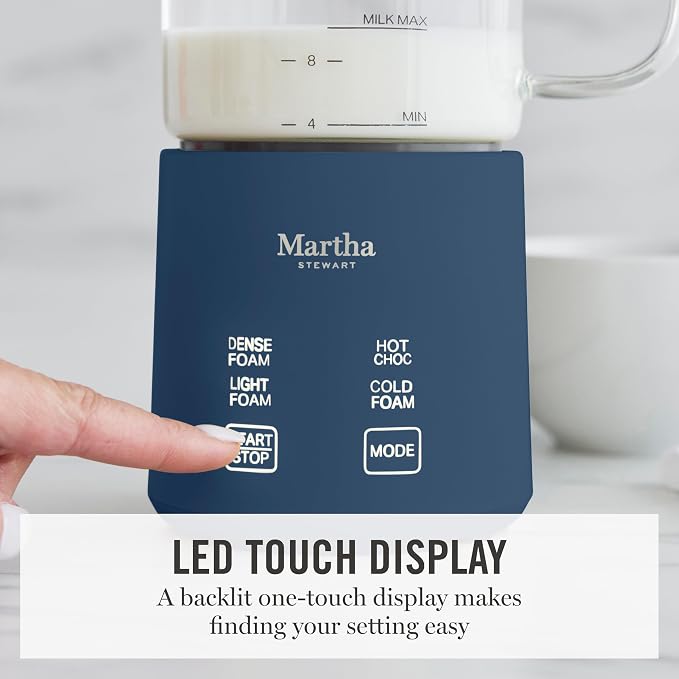 Martha Stewart 10oz Milk Frother & Steamer, 4 Presets, 300ml Glass Pitcher | Light, Dense, Cold Foam & Hot Chocolate, Ready in 90 Seconds, Cordless Pouring, Runs Quiet, Almond, Soy & Oat Milk, Indigo