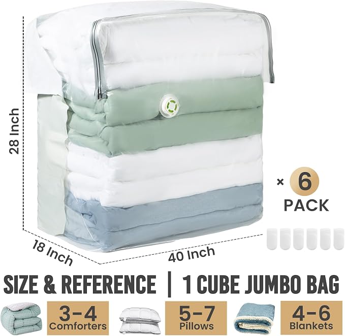 TAILI 6 Pack Vacuum Storage Bags, Extra Large Cube (40x28x18x18 inch),Cream | Super Jumbo Vacuum Seal Bags for Comforters, Blankets, Beddings, Pillows, Space Saver No pump Compression Cube