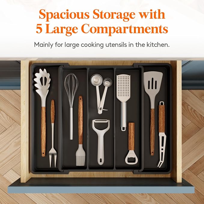 Lifewit Utensil Organizer for Kitchen Drawers, Expandable Cooking Utensil Tray, Adjustable Cutlery Silverware Flatware Holder, Plastic Spatula Tools Storage Divider, 11-18 x 14", Black