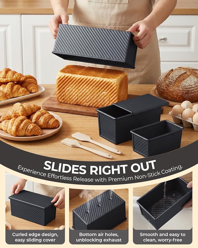 CARTMAN 3-Piece Pullman Loaf Pan with Lid, 2.2/1/0.8 LB Bread Pan, Black | Includes 2.2/1/0.8 LB sizes & silicone tools, bottom vents, nonstick carbon steel, nesting storage, for bread & brownies