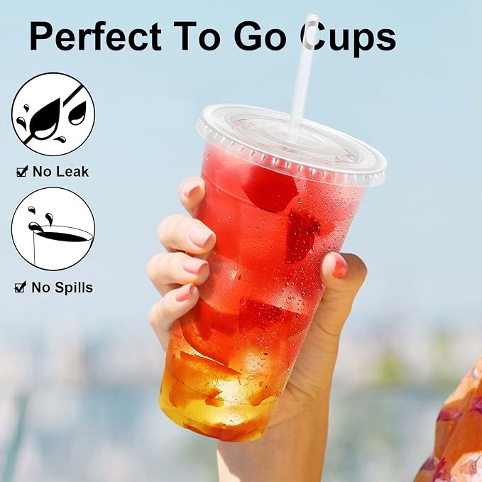 Clawsoff 100 Pack 24 oz Disposable Clear Plastic Cups with Lids and Straws | Leak-Proof Sturdy Cold Drink Cups for Iced Coffee, Smoothies, Juice, Parties & Business