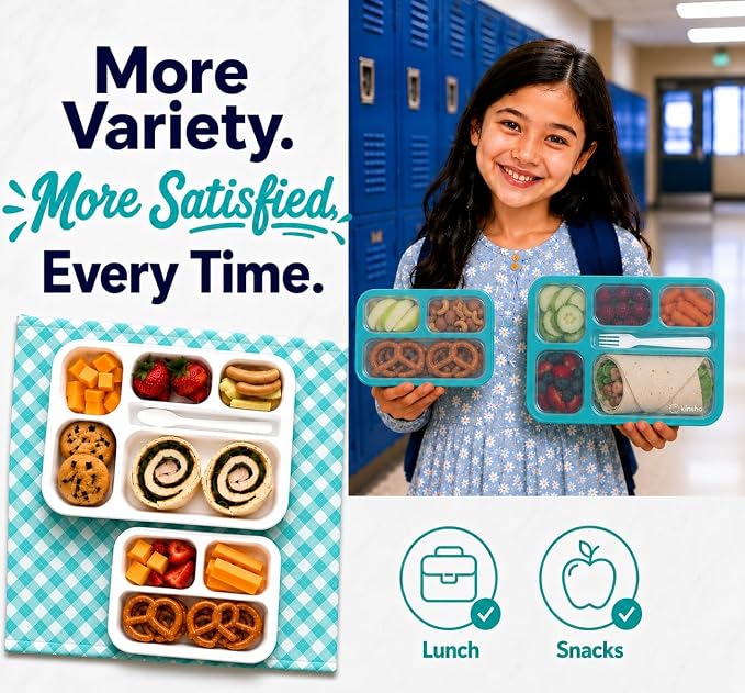Bento Lunch-Box Set for Kids includes Snack Container | 6 and 3 Compartment Boxes Leakproof School Bentos or Meal Portion Control Containers BPA Free, Boys Girls Adults, Teal Large + MINI 2 pack