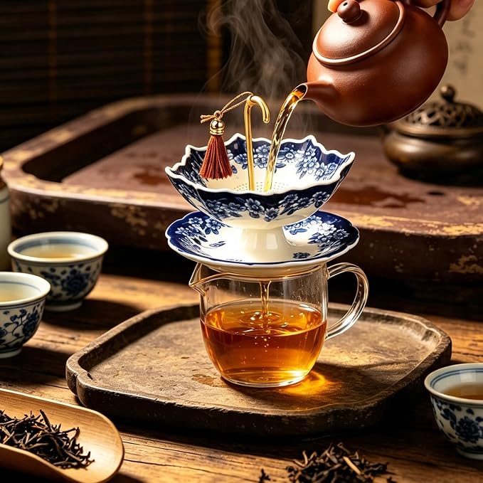 Blue and White Porcelain Umbrella Tea Infuser, Rotating Ceramic Loose Leaf Tea Strainer Filter with Base, Fine Mesh Tea Filter for Home Tea & Coffee Brewing, Unique Decorative Tea Gift (Blue)