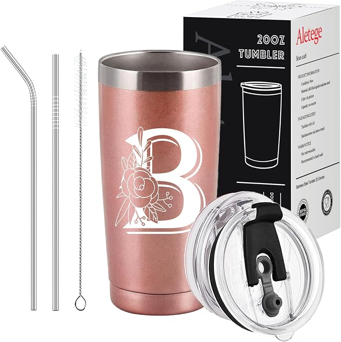 Letter B Insulated Travel Cup with Lid, Personalized Initial Mugs for Women, Letter B Gift Coffee Mugs for Women, Wife, Mom, Grandma, Bridal Shower Gifts, 20 OZ Rose Gold Two Lids