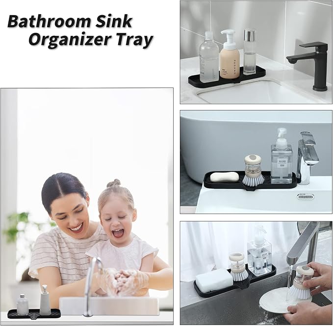 MicoYang Silicone Soap Dish with Drain Spout — Self-Draining Double Sink Organizer Tray for Kitchen & Bathroom, Dispensers, Sponges & Soap Holder, Non-Slip & Dishwasher Safe, Black (Large, 12"×4")
