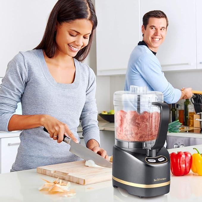 La Reveuse 2 Cup Mini Food Processor, Electric Chopper Small, Metallic Grey | for Mincing, Chopping, Grinding, Blending, Puree, 2 Pulse Speeds, Dishwasher Safe, (1) Spatula Included, 200 Watts, LARB1814B