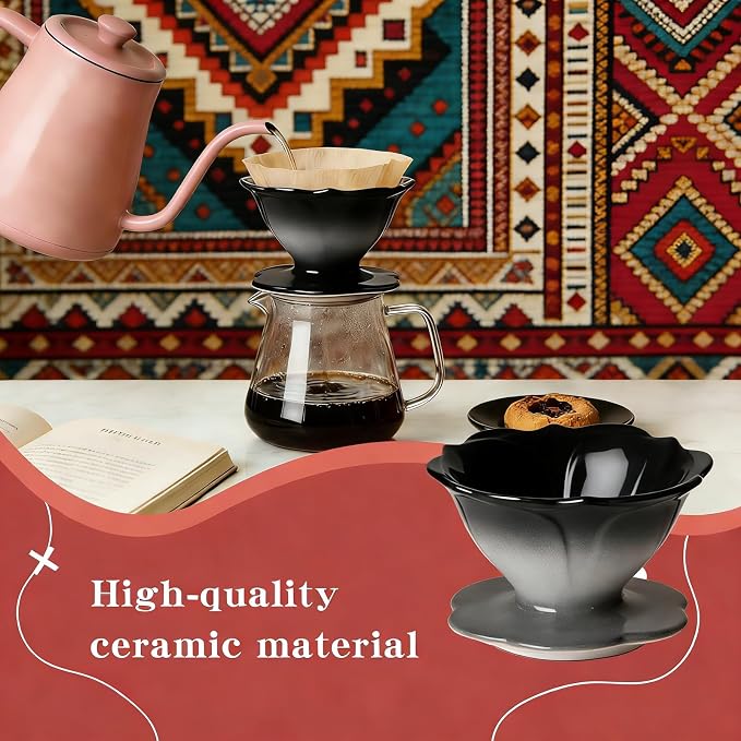 Premium Ceramic Pour Over Coffee Dripper，Includes 40pcs Coffee Filter Papers, suitable for home and travel, Flower Petal Dripper（Gradient Black） (Gradient Black)