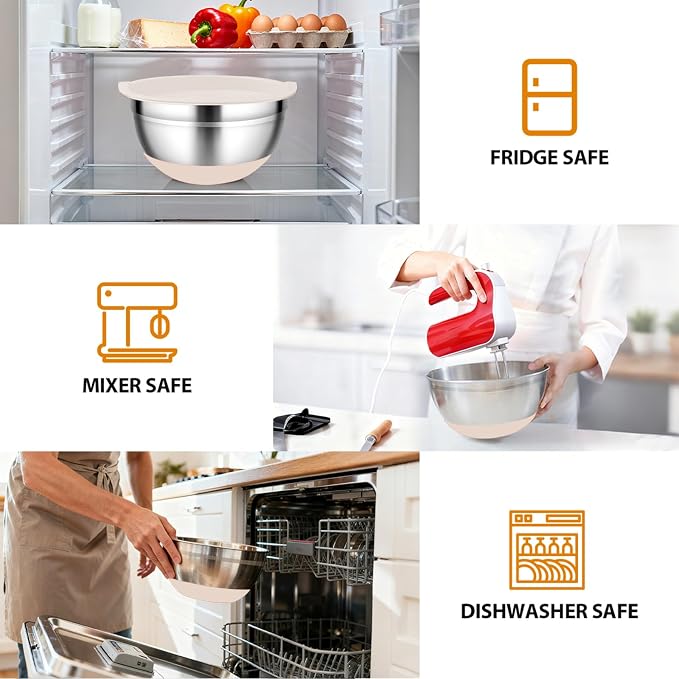 Mixing Bowls with Airtight Lids, 18pcs Stainless Steel Mixing Bowls Set | Nesting Non-slip Silicone Bowls Bottom, Size 4.5, 3.6, 2.7, 2.1, 1.7, 1.1, 0.7 qt, Fit for Mixing & Serving(Khaki)