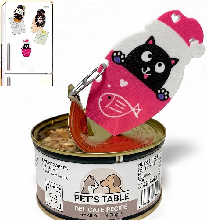 Pull Tab Can Opener Cat Food Can Opener for Soda Pet Cans Easy Open for Weak Hands Arthritis Seniors Long Nails Magnetic Portable with Lanyard Fridge Magnet Pink Cat