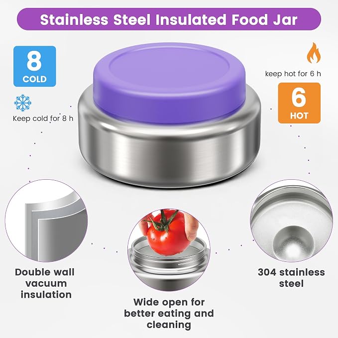 Stainless Steel Bento Box Kids Adult with 7oz Soup Thermo, Transparent Lid 3 Compartments Metal Bento Lunch Box with Insulated Food Jar,Lunch Box Container Sauce Cup for School,BPA-Free(Purple)