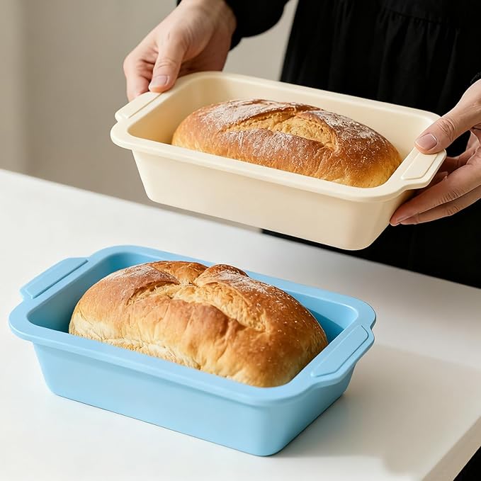Nonstick Silicone Bread Loaf Pan: 9.5 x 5 Inch Bread Pan for Homemade Rye | with Metal Frame - Loaf Mold for Baking Oven - Housewife Baker Home Baking Enthusiasts (Beige & Mint Green) Toeusog