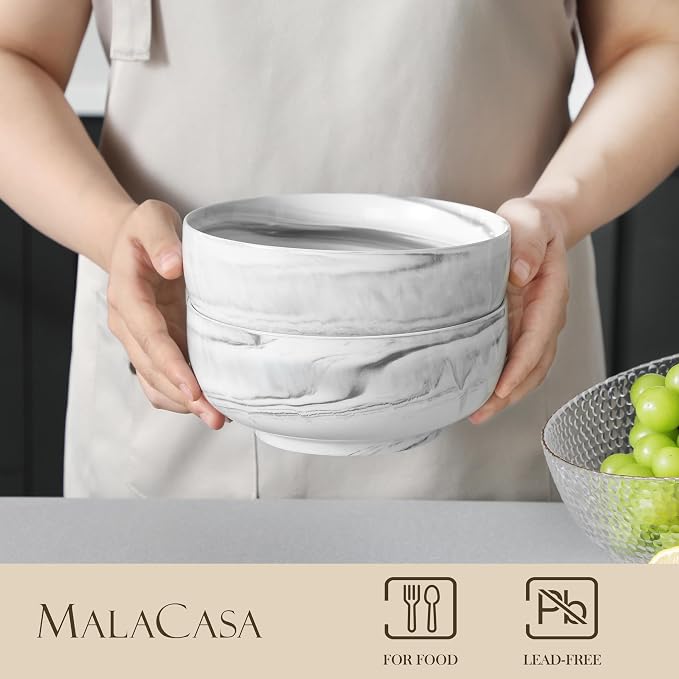 MALACASA Salad Soup Bowls Set of 2, 44 OZ Ceramic Bowls for Kitchen | Marble Grey Bowls for Soup, Cereal, Pasta, Oatmeal, Ramen, Porcelain Bowls Microwave & Dishwasher Safe, Series REGULAR