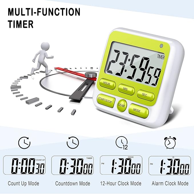 4-in-1 Digital Timer with Count Up/Down, Clock & Alarm, Ring & Silent Modes | Large 2.8-Inch easy-read LCD, On/Off switch, 24-Hour count up/down, Fast-forward function, Magnetic back, stand, hanging hole