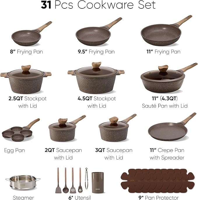 CAROTE 31pcs Pots and Pans Set, Nonstick Cookware Sets with Crepe Pan | Induction Cooking Set, Easy Clean, Even Heating, Advanced Textured Finish, Fit All Stovetops, with Frying Pans Set & Egg Pan