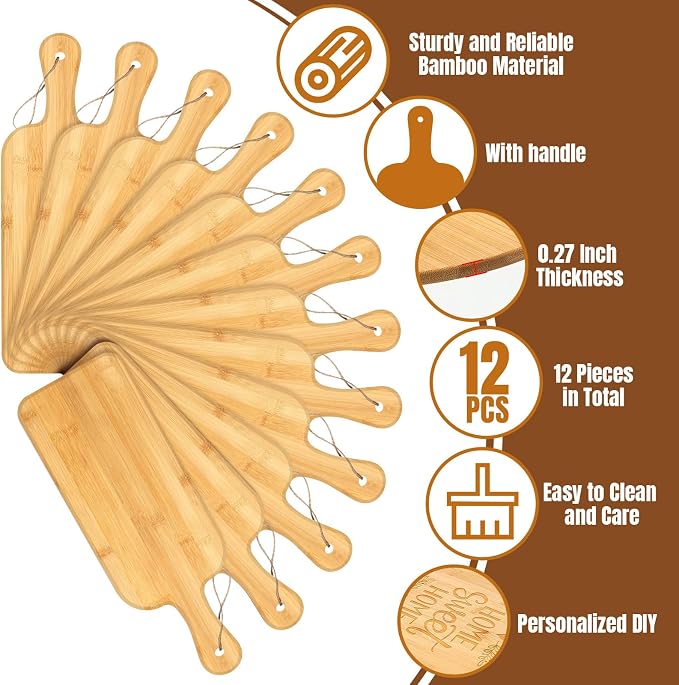 Patelai 12 Packs Wooden Cutting Board Set with Handles Large Kitchen Serving Plain Chopping Board Bulk Gifts for Mom for Vegetables Meat Pizza Cheese Fruit Bread(Bamboo,16 x 5 Inch)