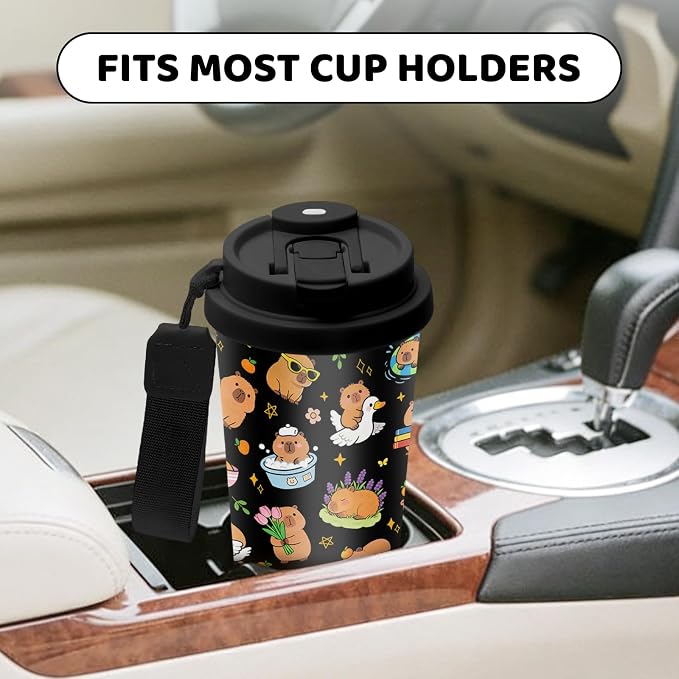 Capybara Water Bottle Stainless Steel 2-in-1 Lid Coffee Tumbler 18 oz Cute Capybara Print Insulated Travel Coffee Mug Capybaras Gifts for Women Girls Birthday Christmas