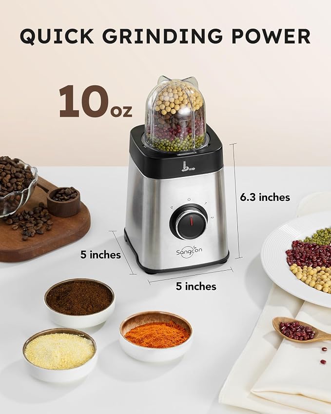 Sangcon Blenders and Food Processor Combo for Kitchen, 5 in 1 Blender for Shakes and Smoothies, Meat Chopped, Grinding & more, 40 oz Jar & 17oz Cup with To-Go Lid, Stainless Steel Silver