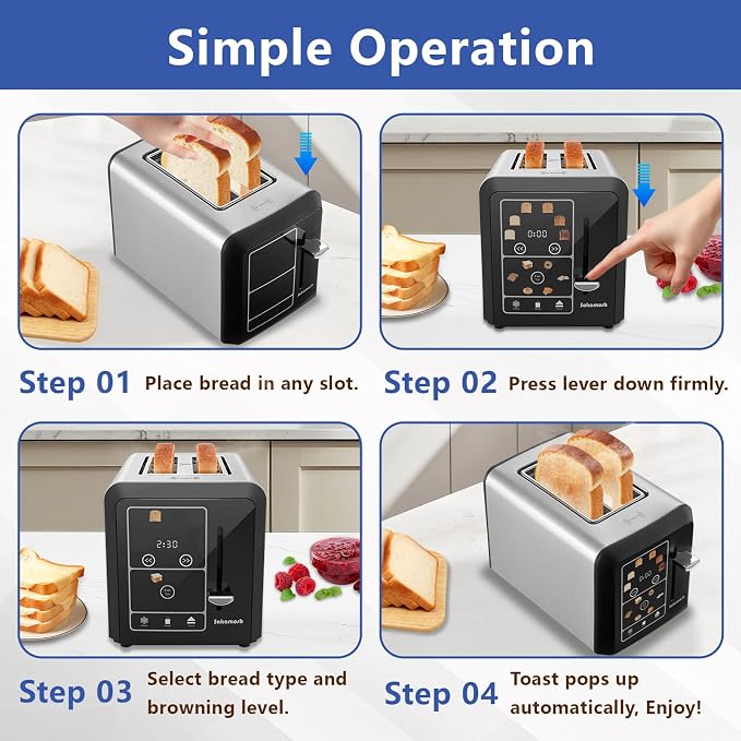 SAKAMOSH 2 Slice Touchscreen Toaster with Wide Slots for Bagels | 6 Browning Levels & 6 Bread Types, Wide Slots for Bagel, Memory Function, Defrost & Reheat & Cancel & Timer, Stainless Steel