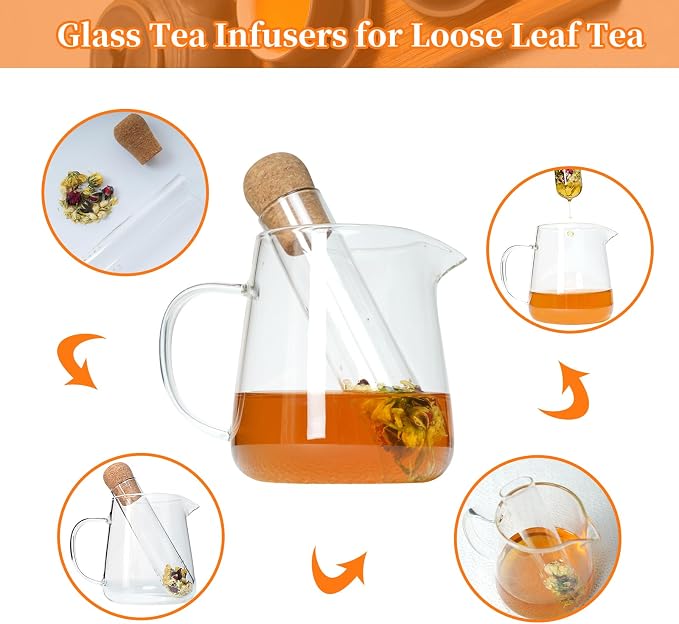 2 PCS Glass Loose Tea Infuser with Cork Lid Spoon Brush | Fine round filter holes, leaf-proof, reusable glass infuser, cork lid, tea spoon, cleaning brush, easy clean