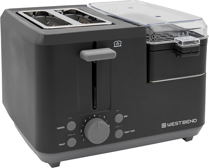 West Bend Breakfast Station 2-Slice Toaster and Egg Cooker/Poacher with Removable Pre-Cooked Meat and Vegetable Warming Tray for Perfect Breakfast Sandwiches, 1200-Watts, Black