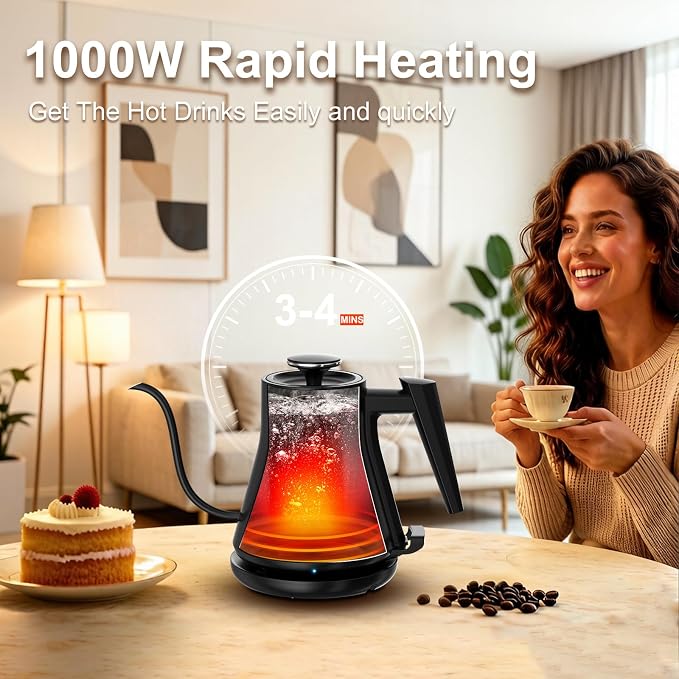 Gooseneck Electric Kettle 0.8L (27oz) - 1000W Rapid Fast Boiling Tea Kettle with Auto Shut Off & Boil-Dry Protection, Stainless Steel Leak-Proof Water Boiler for Pour Over Coffee, Black