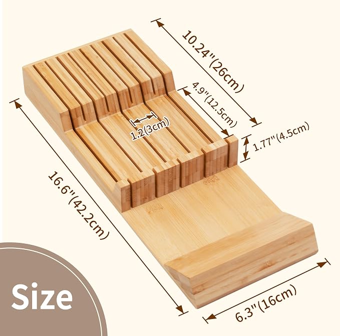Utoplike Knife Drawer Organizer, Bamboo Knives Block for Kitchen Drawers | Small Knives Holder for Steak, Paring, Bread Knife, Holds Up to 9 Knives (Not Included), Compact Drawer Organization Storage