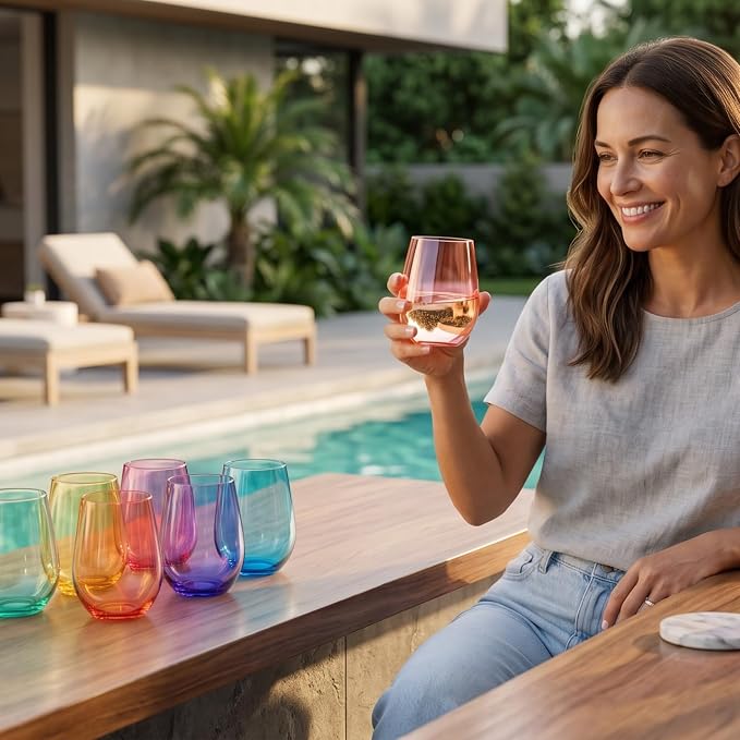 European Style Tritan Acrylic Stemless Wine Glasses Bright Colors, Set of 6 | 15 oz, Hand Wash Only, Premium Tritan Acrylic, Shatterproof & BPA-Free, Reusable Drinkware, Lightweight Design