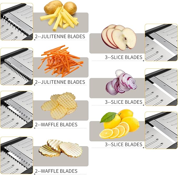 -BINGBING- Mandoline Slicer for Kitchen, 7-in-1 Adjustable Vegetable Slicer | Stainless Steel Food slicer, Adjustable Blade, Slices, Julienne, Waffle and French Fries Cut, Includes Gloves and Brush