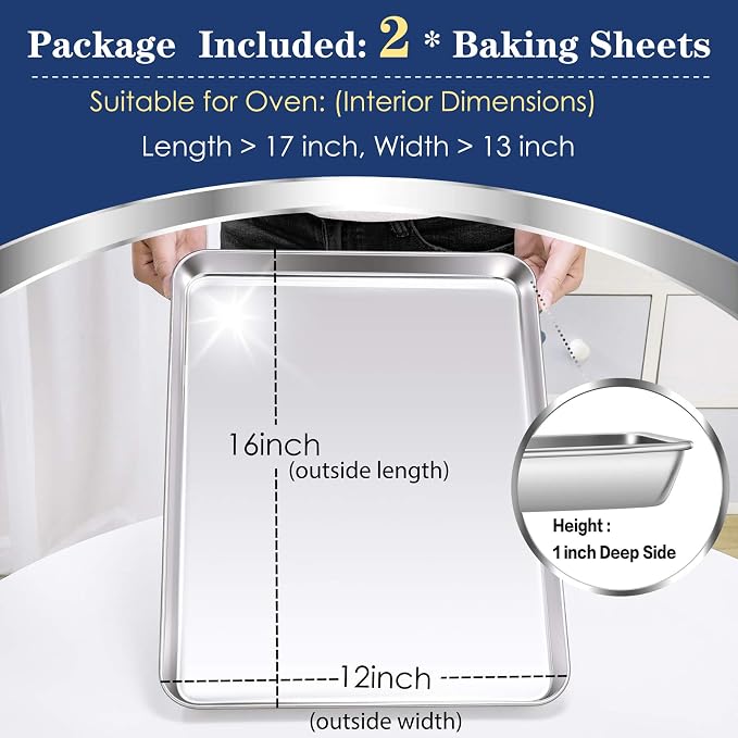 P&P CHEF Baking Sheet Pan, Stainless Steel Cookie Sheet, 16 Inch & 2 Pcs | Oven Tray Sheet Pan for Baking & Serving, Baking Tray for Multi Uses, Heavy Duty & Non-toxic, Rust Free & Dishwasher Safe