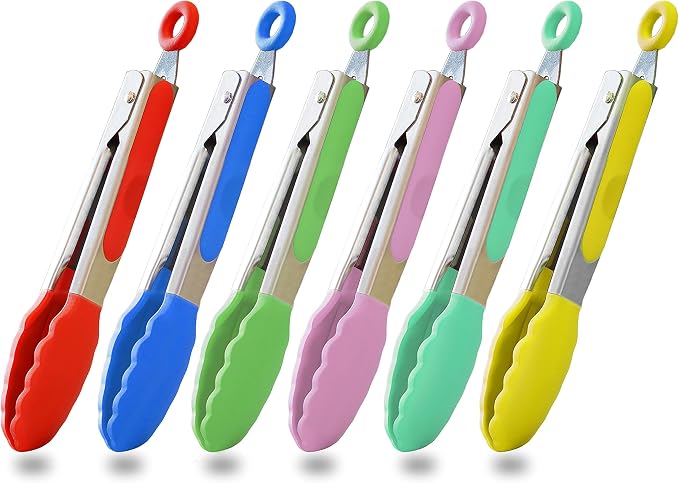 HINMAY Small Tongs Set 7-Inch Mini Tongs with Silicone Tips, Set of 6 (Red Blue Green Pink Mint Yellow) | Red Blue Green Pink Mint Yellow