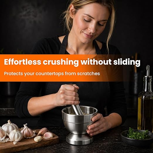 304 Stainless Steel Mortar and Pestle Set with Anti-Slip Silicone Pad | Keeps the bowl steady, Weighty pestle crushes spices, herbs and pills with less effort, Included Cleaning Brush and Lid