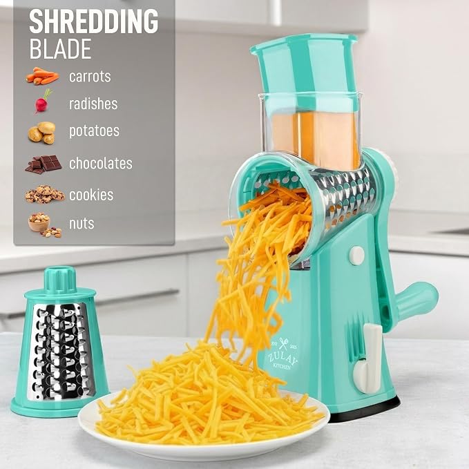 Zulay Kitchen Rotary Cheese Grater 5 Blade Cheese Shredder - Manual Hand Crank Cheese Grater With Reinforced Suction & 5 Interchangeable Drums - Easy to Use, Vegetable Chopper Round Mandoline Slicer