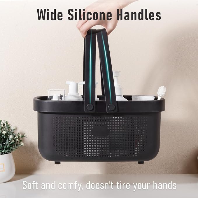 Portable Shower Caddy Basket with Handles Plastic Storage Basket Black | Sturdy Drainage Large Capacity Organizer Basket with Silicone Handles for Bathroom Kitchen Bedroom College Dorm Essentials
