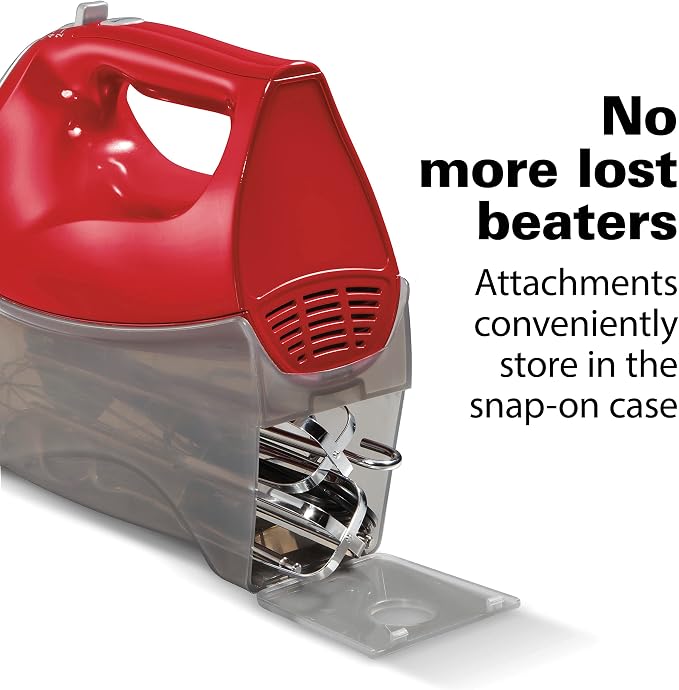 Hamilton Beach 6-Speed Electric Hand Mixer With QuickBurst and Bowl Rest | 275 Watt Motor | Traditional Beaters | Whisk | Dough Hooks | Snap-On Storage Case | Red | 62633G