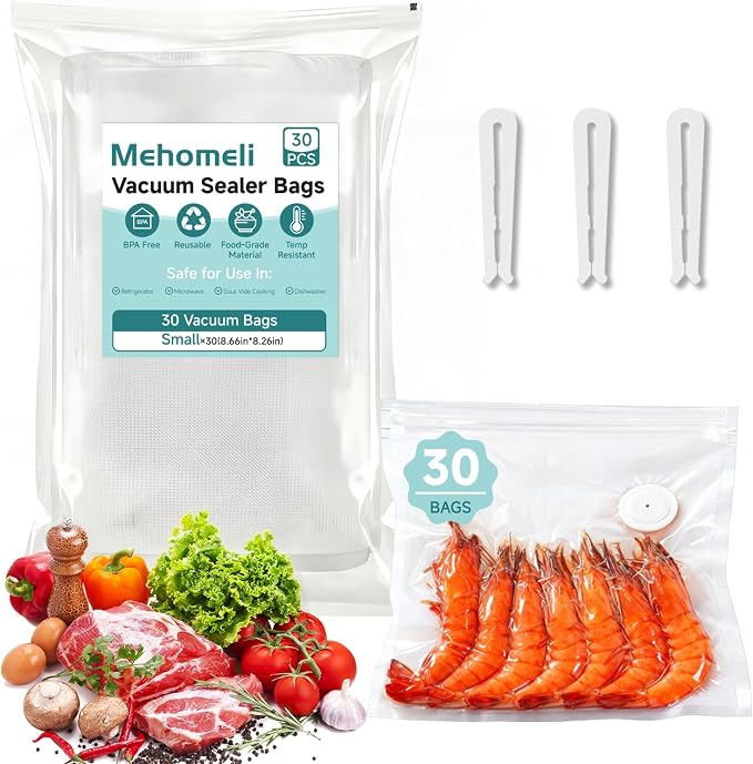 Mehomeli Reusable Vacuum Sealer Bags, 30 Small Bags, 8.66 × 8.26in | BPA-free, Freezer and microwave safe, Leak-proof and odor-resistant, Compatible with most handheld vacuum sealers