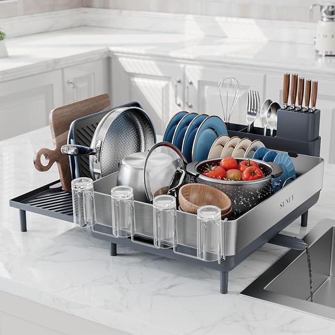 Large Dish Drying Rack, Expandable Dish Racks for Kitchen Counter, Space Saving 304 Stainless Steel Drying Rack Kitchen, Extra Large Drainer with Multifunctional Flip Up Pegs, Gray