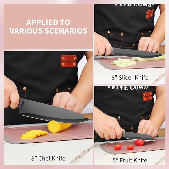 16-Piece Kitchen Knife Block Set with Cutting Board - German Stainless Steel Knives, Built-In Sharpener, Dishwasher Safe, Anti-Slip Handle - All-in-One Cutlery Set for Home/Kitchen (Pink)