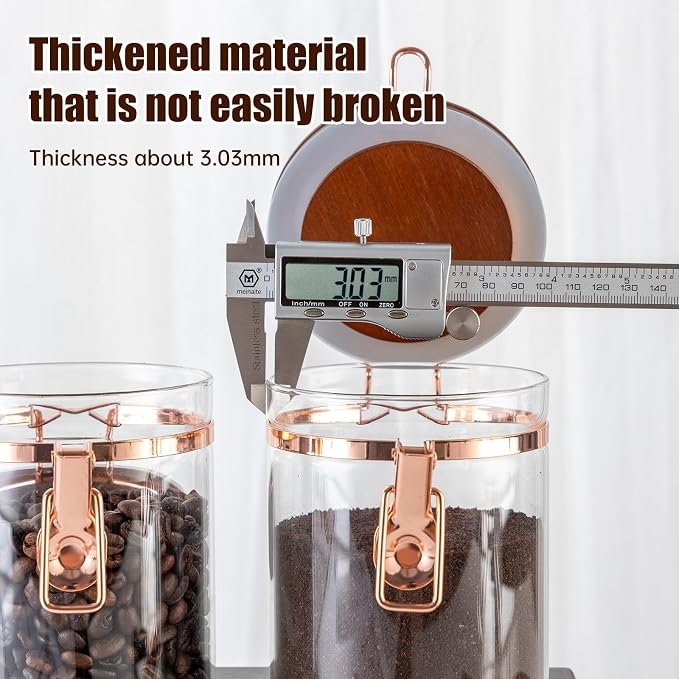 Glass Coffee Container with Wooden Shelf, 2 x 40 FLOZ Coffee Bean Storage with Sealed Closure Clips and Copper Spoon, Kitchen Large Capacity Food Storage Jar, Ground Coffee Container