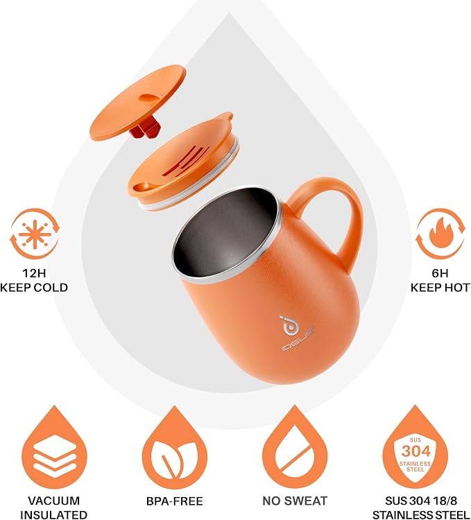 Ideus 16 oz Insulated Coffee Mug with Handle and Lid, Double Wall Stainless Steel Vacuum Thermal Coffee Mug, Travel Coffee Cup Thermal Cup for Home and Office, Orange Tiger