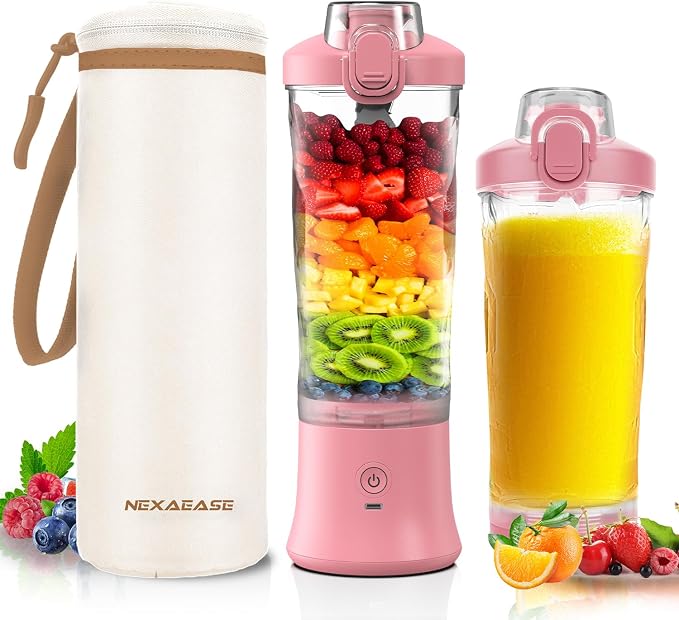 Portable Blender Personal Juicer for Shakes Smoothies with Insulated Sleeve | 20 Oz Electric Protein Shaker Bottle, Travel Lid, USB-C Rechargeable, Mini Small Cordless Blender Cup for Kitchen Travel Gym